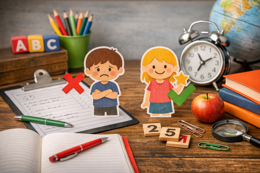 Najczęstsze błędy w ocenach opisowych – 25 gotowych poprawek zdań (wzory kl.&nbsp;I–III)