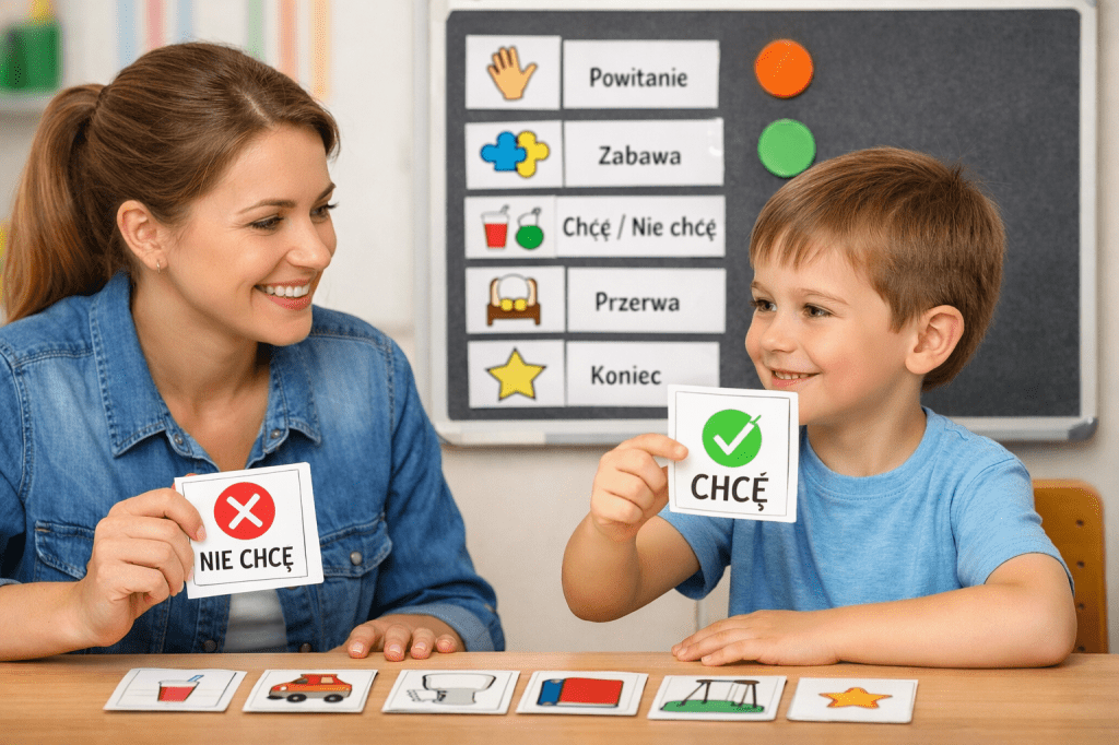 🗣 Komunikacja potrzeb u dziecka z autyzmem – scenariusz zajęć z wizualnym harmonogramem + karty „chcę / nie chcę” – zajęcia&nbsp;rewalidacyjne