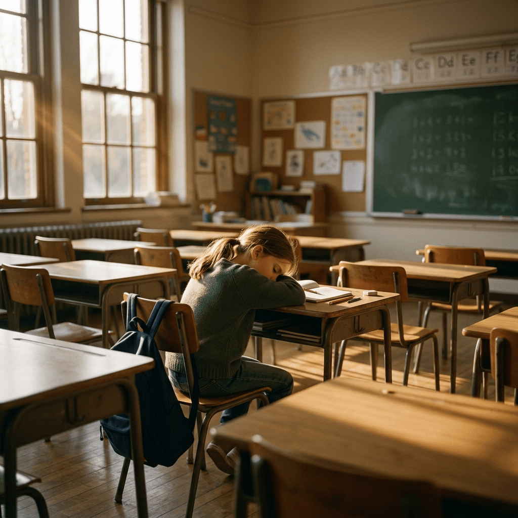 Young girl sitting alone at a desk in a classroom with sunlight streaming through large windows